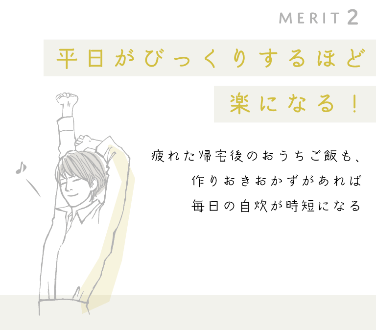 MERIT2「平日がびっくりするほど楽になる！」疲れた帰宅後のおうちご飯も、作りおきおかずがあれば毎日の自炊が時短になる